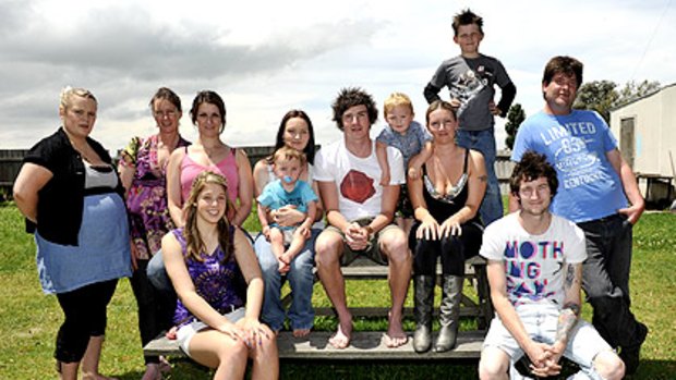 AFL draft prospect Jed Lamb (centre) with his large, close-knit family, including his mother Kerrie (second from left), brothers and sisters and nephews, at home in Yarram.