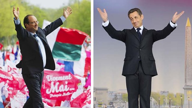 Armed for battle ... Socialist Party presidential candidate  Francois Hollande, left, and French President Nicolas Sarkozy made open-air appeals to their supporters.