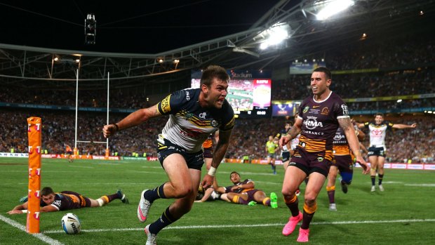 Moment of joy: Kyle Feldt scores the last-gasp try of the 2015 grand final.