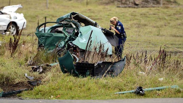 Crash scene &#8230; a Rural Fire Service volunteer died instantly in a head-on collision at Marsden Park on Boxing Day.