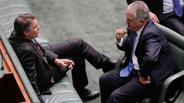 Rob Oakeshott and the opposition communications spokesman, Malcolm Turnbull, during the debate over the national broadband network.