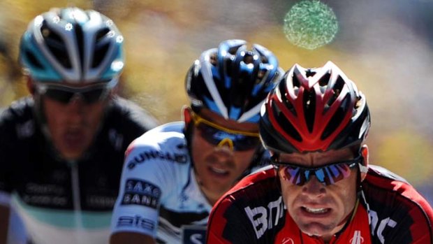 Nick of time ... Cadel Evans caught Alberto Contador within sight of the finish line to not lose any time to the Spaniard.