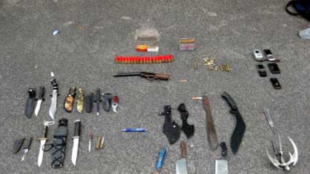 The array of weapons allegedly found by police in a car boot yesterday.
