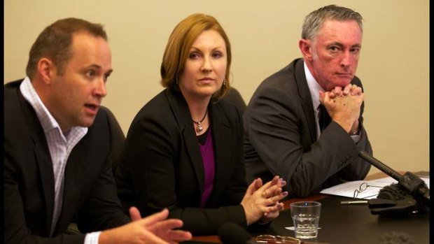 Fighting for freedom to report: Journalists Steve Pennell (L) and, Adele Ferguson with Paul Murphy from the Media Entertainment and Arts Alliance, at press conference to discuss shield laws for journalists. Photo: Simon O'Dwyer