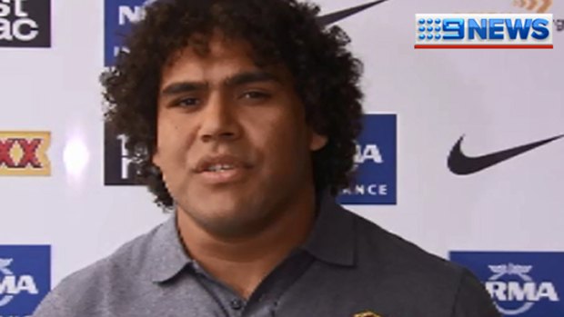 Sam Thaiday announces he is standing down from the Broncos captaincy at a press conference on Friday.
