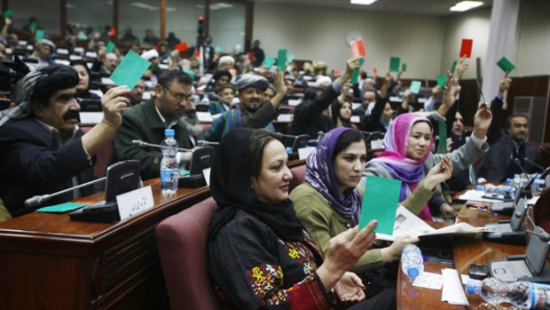 Afghan Parliament members vote during a debate in Kabul, as international concern grows over the timing of parliamentary elections.