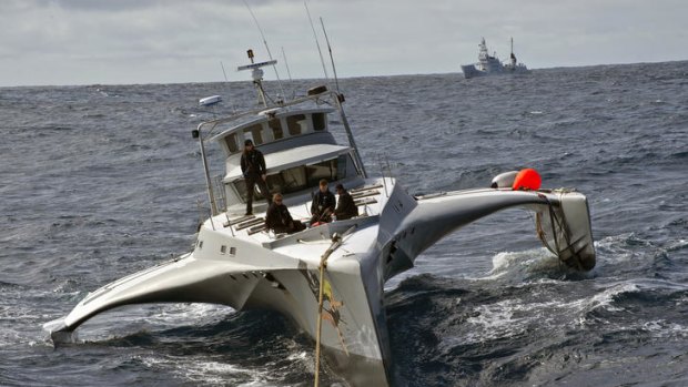 Sea Shepherd's Brigitte Bardot is shadowed by the Shonan Maru No. 2.