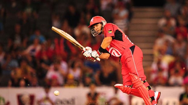 Four more: Renegade Brad Hodge hits a delivery to the boundary last night.