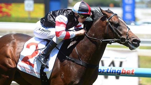 Racing away: Lord Of The Sky, ridden by Jake Duffy, wins at Caulfield in December.