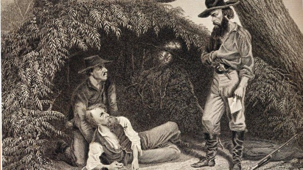 This illustration (1861) shows the dying William Wills clasping his father's pocket watch. Expedition leader Robert Burke, by contrast, is heroically robust and impeccably dressed. his pistol tucked prominently into his belt. <i>Illustration:  Michael Cathcart</i>.