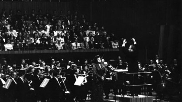 Lightning rod ... Mackerras leads the gala opening concert at the Sydney Opera House, featuring the Swedish soprano Birgit Nilsson, in 1973.