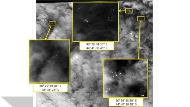 Satellite imagery taken on March 23 with the approximate positions of objects seen floating in the southern Indian Ocean in the search zone for the missing Malaysia Airlines Flight 370.