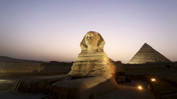 The sphinx is pictured near the pyramids of Menkaure and Khafre in Giza, Egypt.
