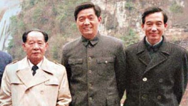 Working for "the happiness of the people" ...  Hu Yaobang, left, with the  future leaders Hu Jintao, centre, and Wen Jiabao in 1986.