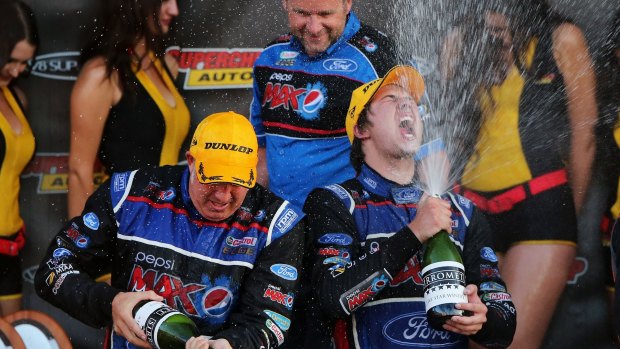 How sweet it is: Paul Morris and Chaz Mostert celebrate their epic Bathurst victory.