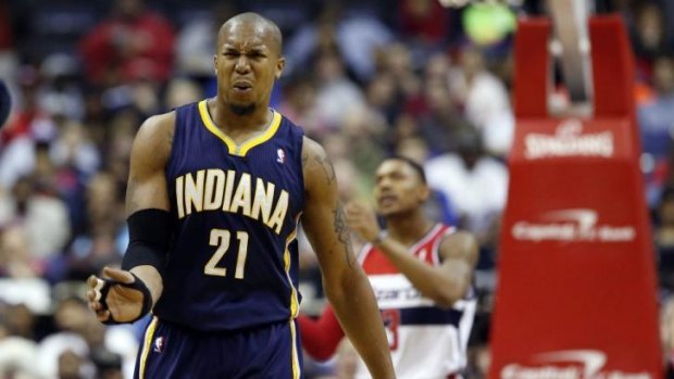 Indiana Pacers forward David West reacts after a foul call in the first half of a game against the Washington Wizards.