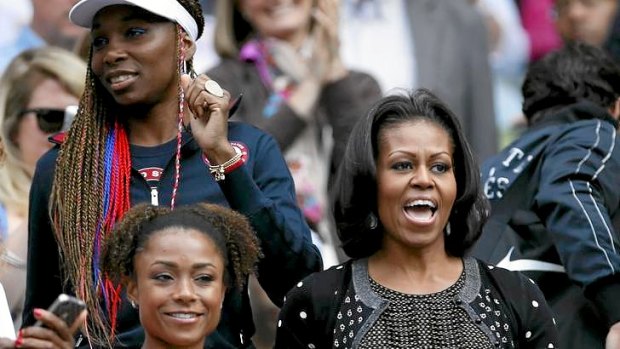 First Lady Michelle Obama joins Venus Williams (top left) and former gymnast Dominique Dawes (bottom left) in cheering on Serena Williams at the London Olympics tennis tournament.