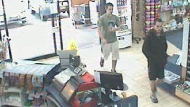 Police are hunting these two men over armed robberies at a Morayfield pharamacy and a Narangba newsagency on Saturday.