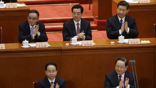 Ling Jihua (front left), then newly elected vice chairman of the Chinese People's Political Consultative Conference with other top leaders including now President Xi Jinping (back row right).