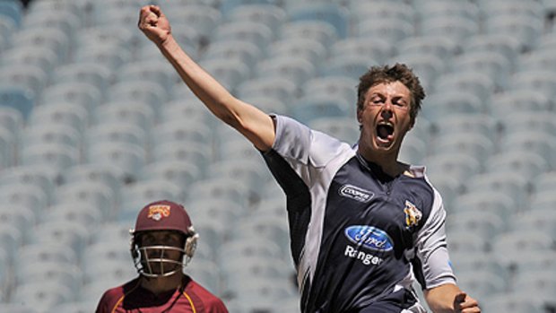 James Pattinson celebrates his dismissal of James Hopes against Queensland at the MCG. Pattinson ended with figures of 2-53 in the Pura Cup clash yesterday.