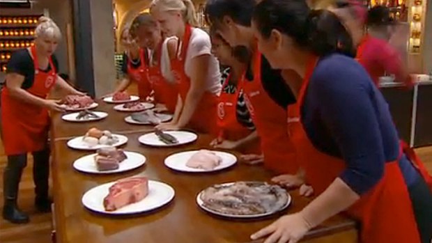 MasterChef's 'girls team' surveys the meat on offer.