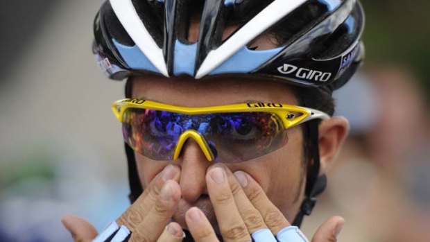 Spain's three-time Tour de France winner Alberto Contador concentrates prior to the start of the 164.5 km and fifth stage of the 2011 Tour de France.