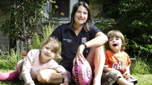 Port Melbourne's new assistant coach, Peta Searle, at home with her children, Tessa, 5, and Jackson, 2.