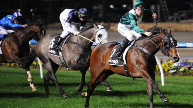 Tommy Berry guides Almalad home in the Group 2 Stutt Stakes at Moonee Valley on Friday night.