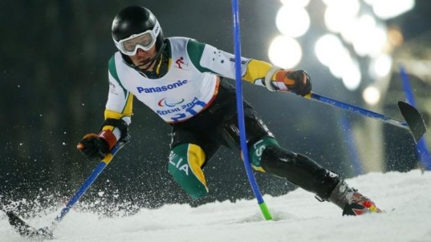 Toby Kane of Australia competes during the men's alpine skiing, slalom, standing event at the 2014 Winter Paralympics.