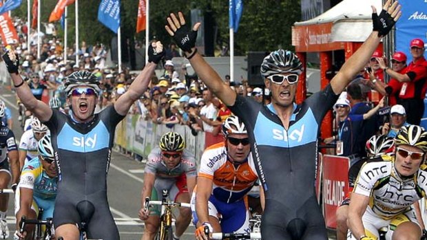 Greg Henderson of New Zealand (right) celebrates after winning the Cancer Council Helpline Classic at the Tour Down Under in January.