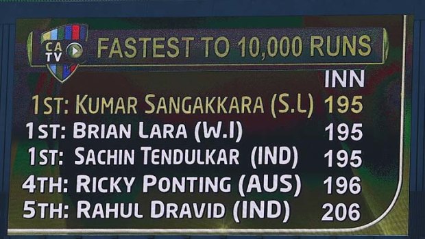 Craftsman ... Kumar Sangakkara is acknowledged on the MCG scoreboard after reaching his milestone.