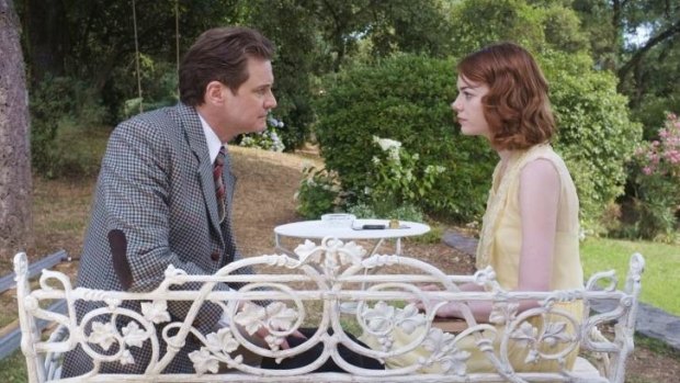 Emma Stone with Colin Firth in <i>Magic in the Moonlight</i>.