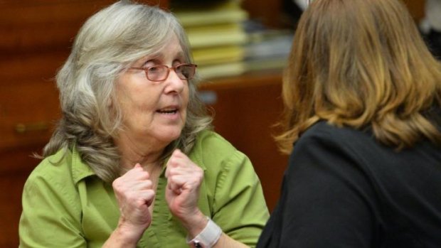 Susan Mellen rejoices after a judge exonerated of her of murder in Torrance, California on Friday.