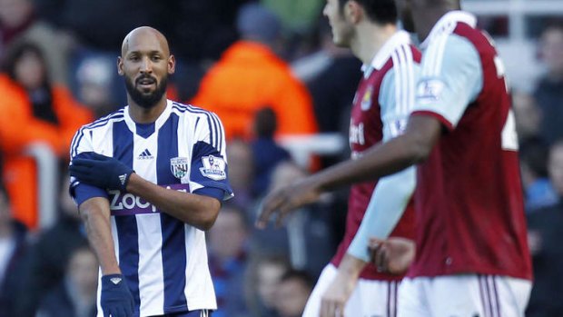 West Bromwich Albion's French striker Nicolas Anelka makes the 'quenelle' gesture.