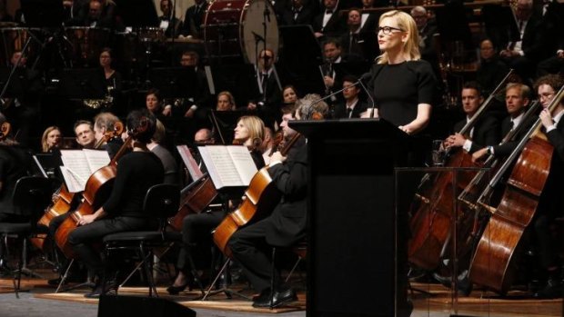 Australian actress Cate Blanchett speaks at the memorial service for former Australian prime minister Gough Whitlam at Sydney Town Hall. 