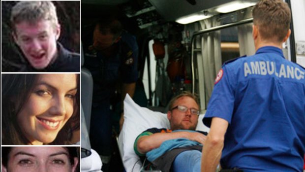 Main: Chris Delaney, brother of Nick, arrives at Nepean Hospital. Top: Nick Delaney, 15, who died on the walk seen in his Twitter account. Middle: Jo Wilcock (from Facebook page) is in hospital. Bottom: Beth Wilcock (from Facebook page) is recovering.