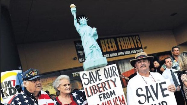 Red alert ... As the Tea Party Express tours key campaign states, protesters turn out in Las Vegas, Nevada.