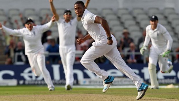 Too easy: Chris Jordan wheels away after taking the wicket of Pankaj Singh to wrap up victory in the fourth Test.