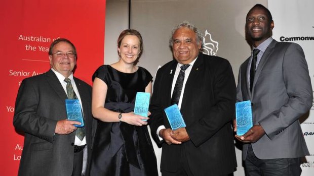 ACT Australian of the year winners: agricultural scientist Dr Jim Peacock, women's advocate Julie McKay, ACT Australian of the year social justice campaigner Dr Tom Calma and  dancer and mentor Francis Owusu.
