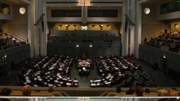 Gloom and doom ... Parliament fades to grey, top, before normal power is restored.