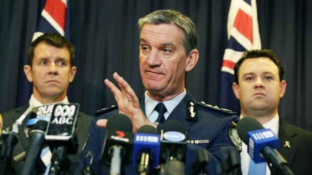 High-visibility policing: NSW Police Commissioner Andrew Scipione, flanked by Premier Mike Baird and Police Minister Stuart Ayres, briefs the media on Operation Hammerhead.