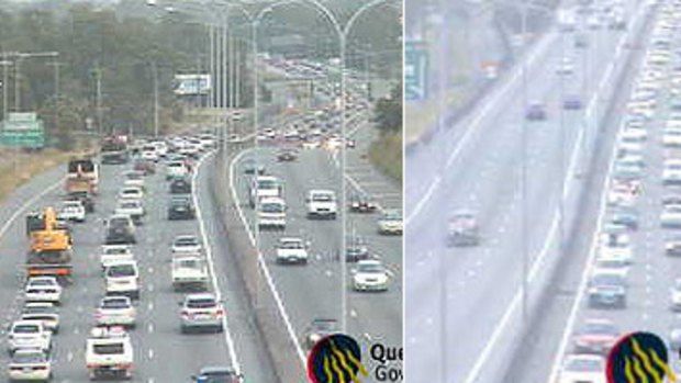 Traffic on the Pacific Motorway at Loganholme shortly before 7 this morning, north (left) and south.