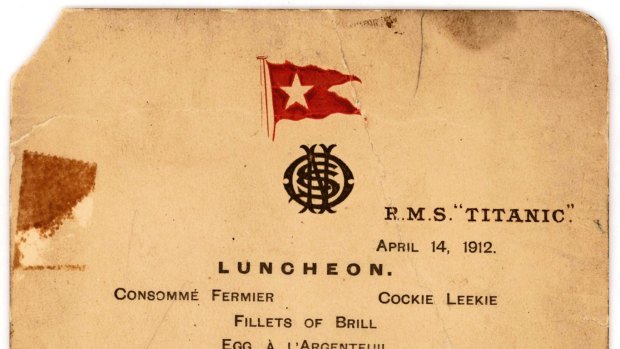An undated photo of the Titanic's last lunch menu, which is going to auction and is estimated to bring sell for up to $US70,000.