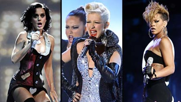 Is Miley's dress, or lack thereof, too much or just the current standard for female pop stars? Here is Katy Perry, Christina Aguilera and Rihanna all wearing similar outfits.