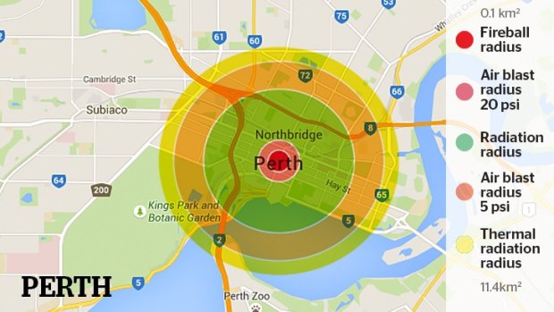 A representation of the Hiroshima Bomb damage if it fell on the Perth CBD.