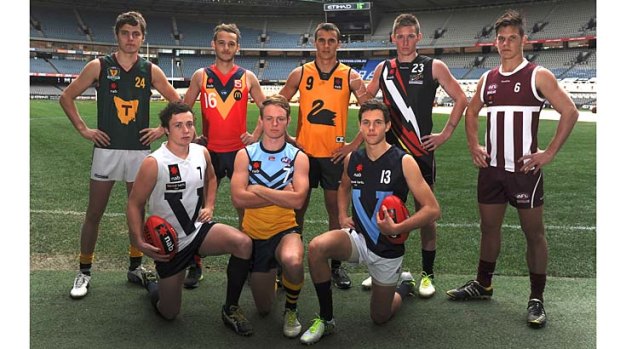AFL under-18 players: Standing (left to right) Tasmania's Kade Kolodjashnij, SA's James Aish, WA's Dominic Sheed, NT's Errin Wasley-Black and Qld's Isaac Conway. Front (left to right) Vic Country's Lewis Taylor, NSW/ACT's Lloyd Perris and Vic Metro's Josh Kelly.