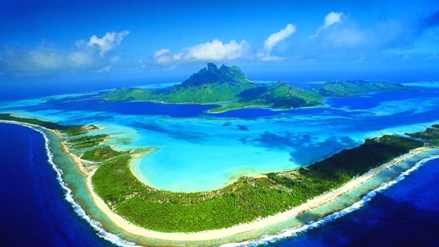 Polynesian adventure ... an aerial view of the island and lagoon at Bora Bora.