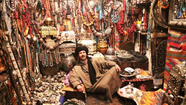 Jamal, a jewellery seller in Marrakesh, shows off a small range of Morocco's many souvenirs that are hard to resist.