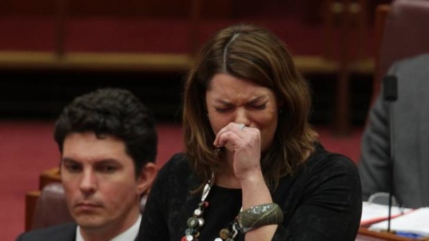 Greens Senator Sarah Hanson-Young was moved to tears during the debate in the Senate today. Photo: Alex Ellinghausen