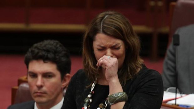 Greens Senator Sarah Hanson-Young was moved to tears during the debate in the Senate today. Photo: Alex Ellinghausen